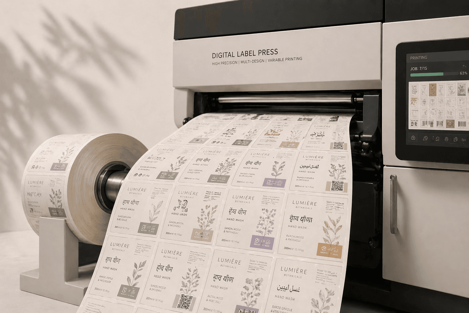 Digital label press producing variable designs